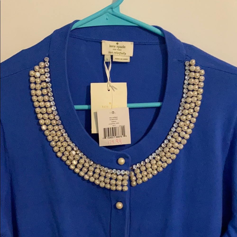 -SALE- NEW Kate Spade Tula Pearl Blue Cardigan L - Picture 3 of 6